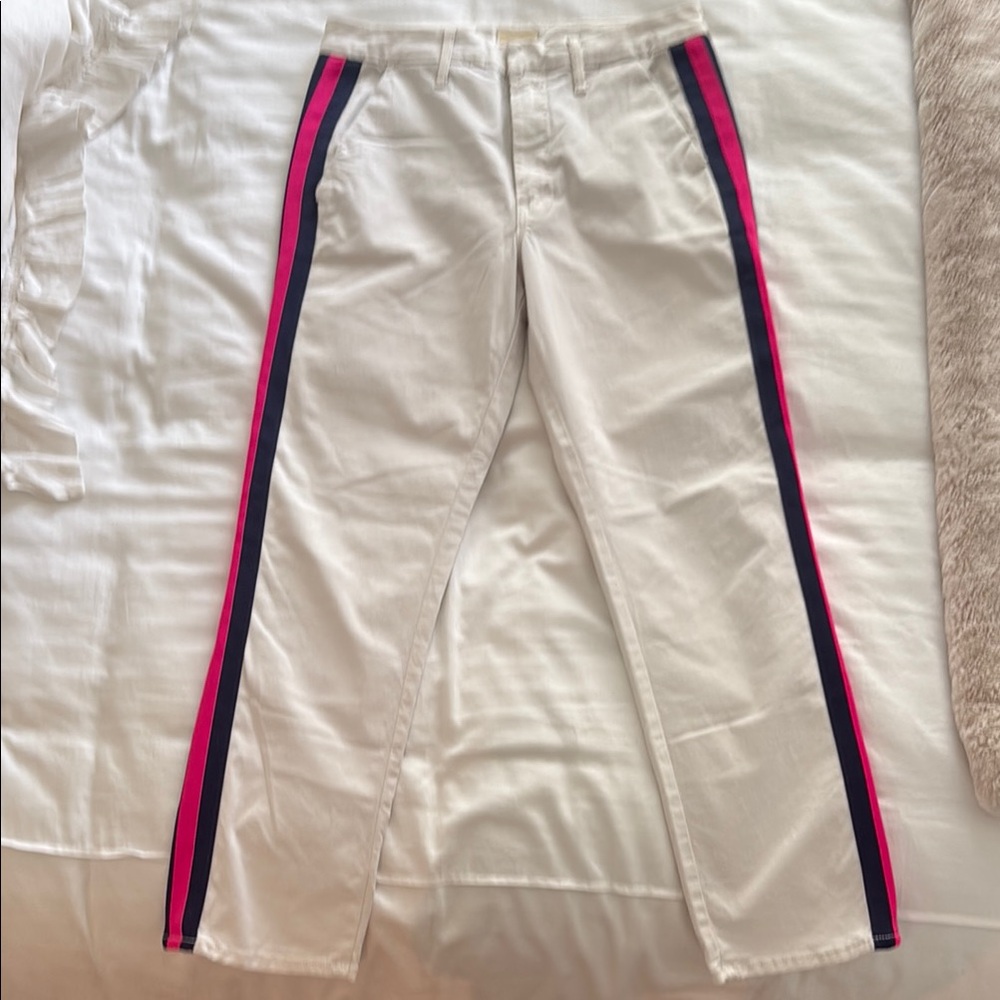 MOTHER White Straight Pants with Pink and Blue Accents